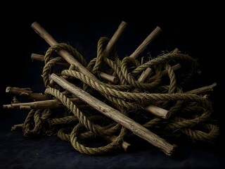 Abstract Still Life of Coiled Rope and Wooden Poles on Dark Background