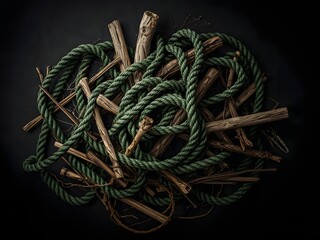 Abstract Still Life of Coiled Rope and Wooden Poles on Dark Background