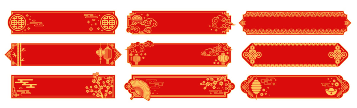 Oriental Chinese border frames with Lunar New Year decorations. Vector red borders with gold ornaments and traditional symbols. Decorative Asian panels with clouds, lanterns and flowers, CNY banners