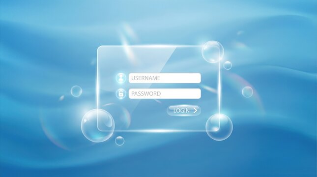 Transparent login interface with username and password fields, surrounded by bubbles on a soft blue background, ideal for web design and user authentication applications