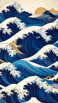 Dynamic ocean waves with a traditional Japanese art style and distant mountains