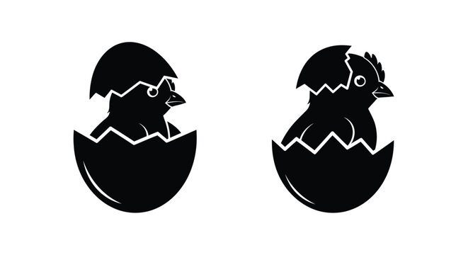 Black silhouette of a chick hatching from an egg depicted in two stages