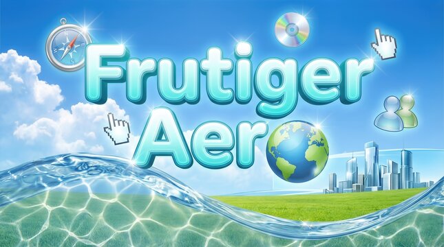 Colorful digital illustration featuring the text Frutiger Aero, water waves, globe, compass, and icons against a bright blue sky with clouds and a city skyline in the background