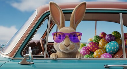 Cheerful easter bunny wearing sunglasses driving a vintage car filled with colorful easter eggs on a sunny day