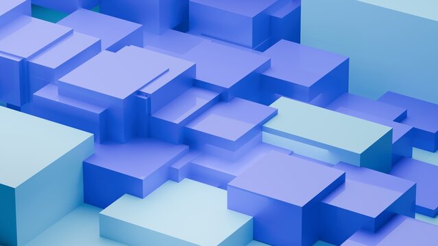 Blue plastic random rectangles background, abstract 3d render. Modern technology background