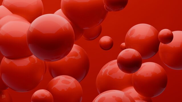 Abstract colorful red balls. Chaotic scatter spheres. Festive party wallpaper. 3d render creative background.