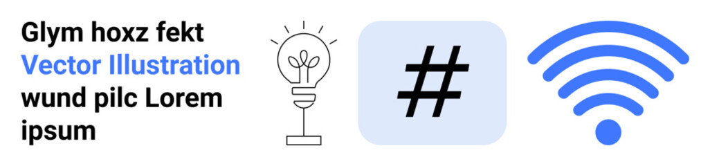 Obraz premium Lightbulb for ideas, metadata tag for trends, wireless for connectivity in modern designs. Ideal for technology, creativity, social media, innovation, communication, networking simple landing page