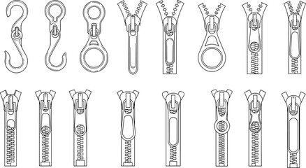Zipper slider set technical vector illustration, clothing fastener components outline collection, sewing accessory design template, apparel hardware drawing pack © E-Designs