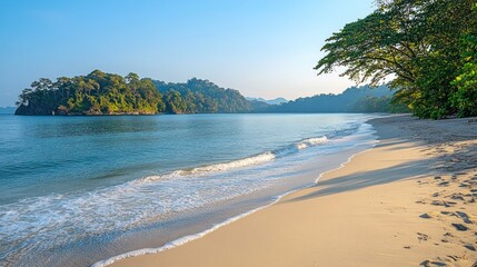 Tropical beach, calm ocean, lush trees