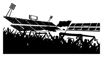 Crowd of cheering sports fans holding flags and scarves in a stadium silhouette © Camel