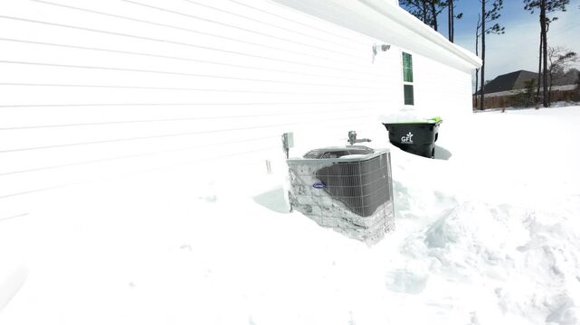 Snow drift covering ac unit outside house in the winter.