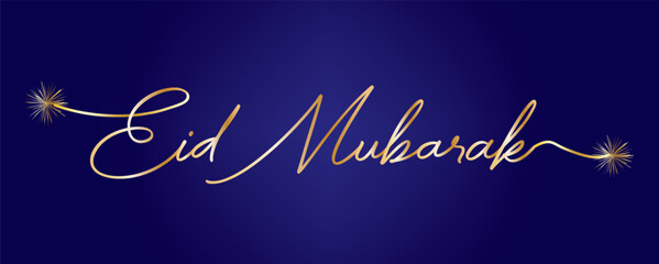 Premium Eid Mubarak greeting featuring golden handwritten typography on blue gradient background with festive gold fireworks, perfect for Islamic celebration designs. © shahnila