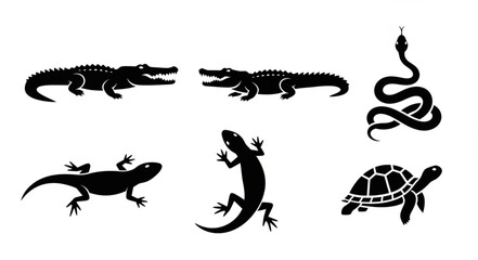 Collection of Reptile Silhouettes Including Alligators Snakes Lizards and Turtle.