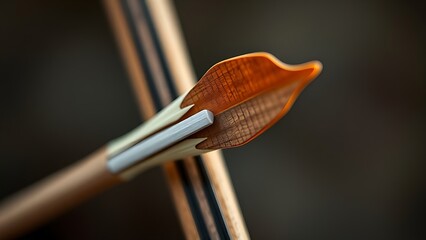 nock. Close-up of arrow nock groove on drawn bowstring, wood and feather textures. public awareness campaigns, NGO reports, designed for public awareness campaigns and NGO communications.