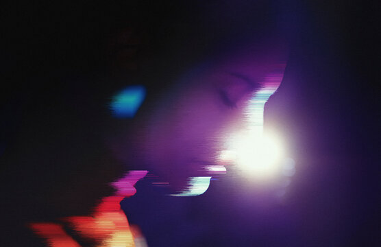 Abstract glitch effect in virtual reality with neon light and distortion