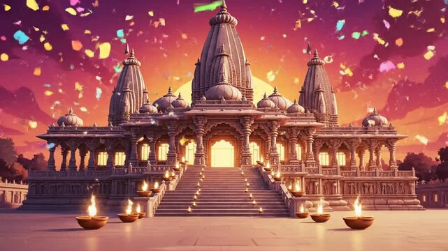 Cartoon Ayodhya Ram Mandir Illustration Festive Sunset Diwali