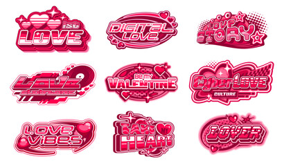 Naklejka premium Valentine day love y2k streetwear label icons with glossy love quotes. Groovy pink vector set with hearts, stars, sparkles and bubble shapes. Romantic tags with retro futuristic fonts and digital vibe
