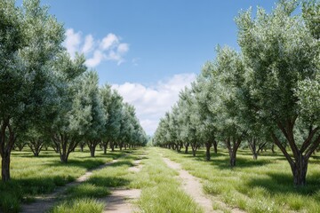 Obraz premium Olive tree plantation with rows of lush green trees lining a dirt path under a clear blue sky, showcasing the vibrant landscape of an agricultural area in a sunny environment