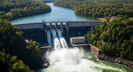 Hydroelectric dam releasing water surrounded by lush green forest and river aerial view of renewable energy source