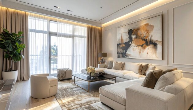 Luxurious Modern Living Room with Large Abstract Artwork and City View.