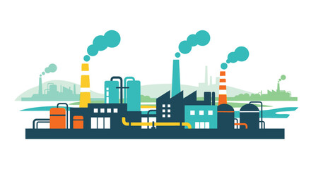 Obraz premium Industrial landscape with factory buildings and smoke stacks emitting pollution