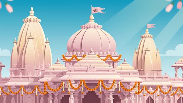 Festive Cartoon Illustration of Ayodhya Ram Mandir Hindu Temple Architecture