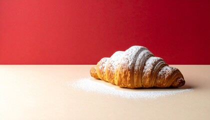 マットなレトロレッド背景に、粉砂糖をまとったフランス風クロワッサンを片隅に配置した静物広告ビジュアル。
トープベージュの台座と温かみのある80年代風カラーパレットが、懐かしさと上質感を演出します。
被写体は控えめに配置され、広い余白を活かした構図。
食品広告、カフェ告知、ブランドビジュアルなど幅広く使用可能です。