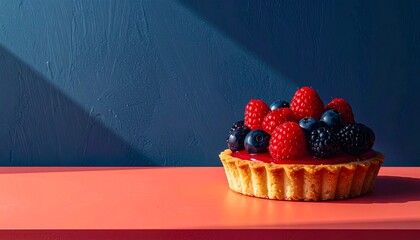 マットなネイビー背景とコーラルカラーの台座に、小さなフルーツタルトを片隅に配置した静物広告ビジュアル。
艶やかなベリーの質感と80年代を思わせる強い配色コントラストが印象的です。
被写体は控えめで、広い余白を確保したミニマル構図。
スイーツ広告、カフェ告知、海外向けブランドビジュアルに最適です。