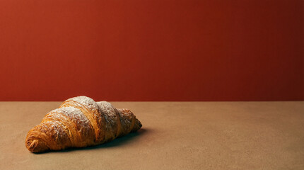 マットなレトロレッド背景に、粉砂糖をまとったフランス風クロワッサンを片隅に配置した静物広告ビジュアル。
トープベージュの台座と温かみのある80年代風カラーパレットが、懐かしさと上質感を演出します。
被写体は控えめに配置され、広い余白を活かした構図。
食品広告、カフェ告知、ブランドビジュアルなど幅広く使用可能です。