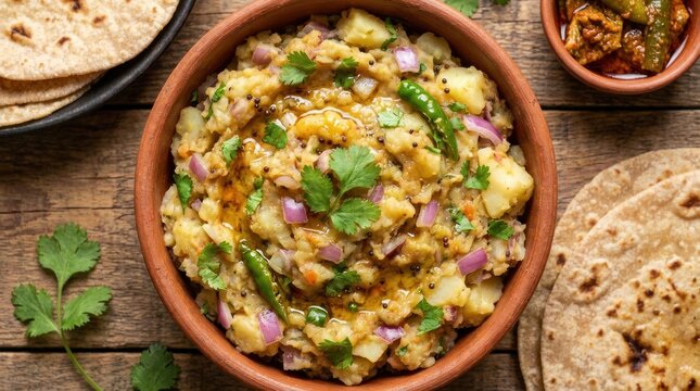 Aloo ka bharta mashed potato dish with onions and cilantro