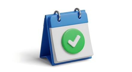 3d desktop calendar with a prominent green checkmark symbol indicating completion or confirmation set against a clean white