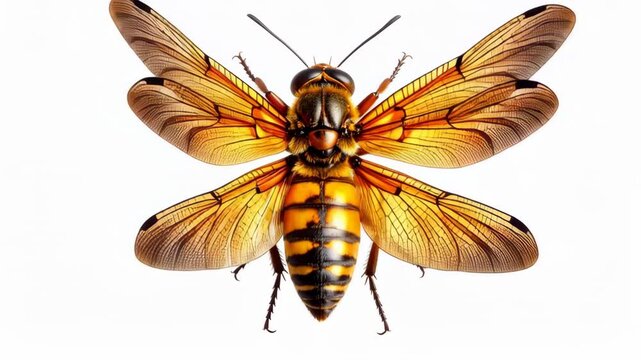 Detailed close-up of a vibrant yellow and black insect with intricate translucent wings
