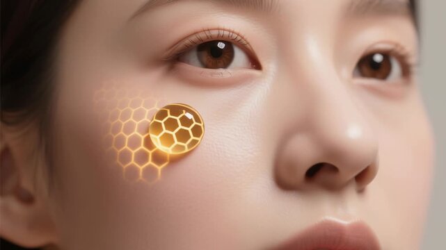 Close up young woman face glowing serum pattern on cheek symbolizing anti aging gene longevity research medical science healthy skin care laboratory serum drop golden sphere glow