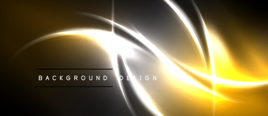 Obraz premium Abstract golden lines over dark backdrop. Bright curves create dynamic visual effect. Text reads background design. Simple, modern aesthetic.