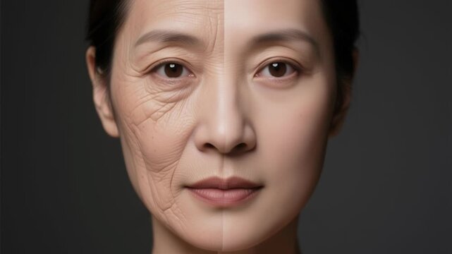 Aging face split showing anti aging effects with healthy skin and wrinkles symbolizing longevity gene research medical science laboratory, gene related to longevity and anti aging