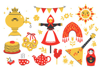 A set of graphic elements for Maslenitsa celebrations. Vector graphics