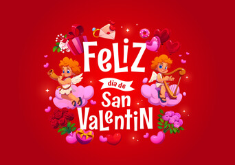 Naklejka premium Valentine day greeting card with feliz dia de san Valentin Spanish quote. Vector romantic holiday banner for February 14 with two cute cartoon cupids on pink clouds with love hearts, roses, envelope