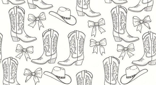 Cowboy Boots, Hats, and Bows Pattern - Western Style Illustration.