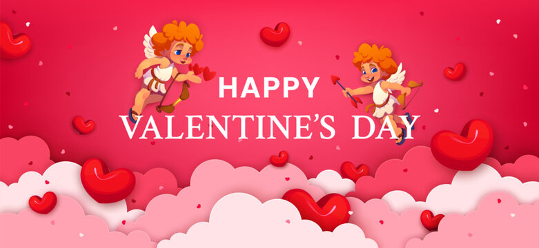 Happy Valentines Day paper cut banner with cherubs and pink clouds. Romantic holiday vector greeting card of cartoon Cupid characters with love arrows, bows and hearts above 3d paper cut clouds border