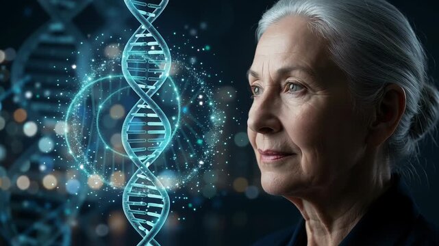 Longevity gene science medical health care anti aging laboratory concept with healthy elderly woman looking at glowing DNA strand for health care and medical research in science