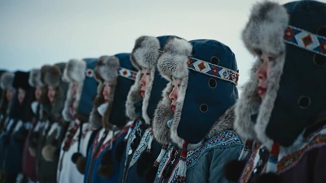 Row of people in traditional winter attire, hats with fur and beaded embellishments