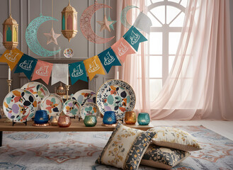 A serene room setting with decorative pillows, plates, and festive banners for a celebration or gathering viewed from a slightly elevated angle.