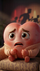 Anxious Heart Character Sitting and Breathing, 3D Cartoon