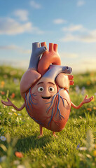 Playful Heart Character Doing Handstand in Meadow, 3D Cartoon
