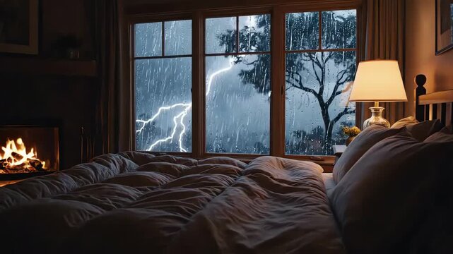 cozy bedroom with rain and storm. 4k resolution video 30fps.