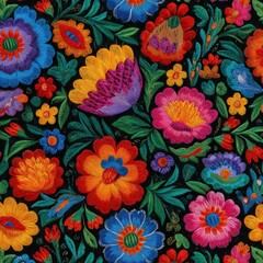 Colorful Embroidered Floral Pattern with Bright Colors on Black Background