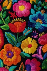 Colorful Floral Embroidery Pattern with Bright Flowers on Black Background