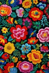 Colorful Embroidered Floral Fabric with Bright Multicolor Flowers on Black Background
