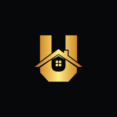 Golden house logo on black background for real estate or home services, U letter logo