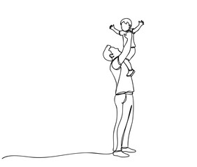 Continuous one line drawing of father lifting his child with raised arms, fatherhood and love concept, Fathers Day theme, minimalist single line art, black line on white background